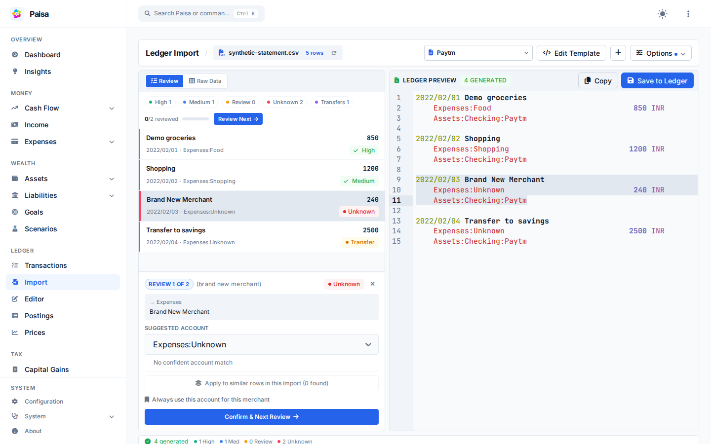 Statement import with high, medium, unknown, and possible-transfer account suggestions