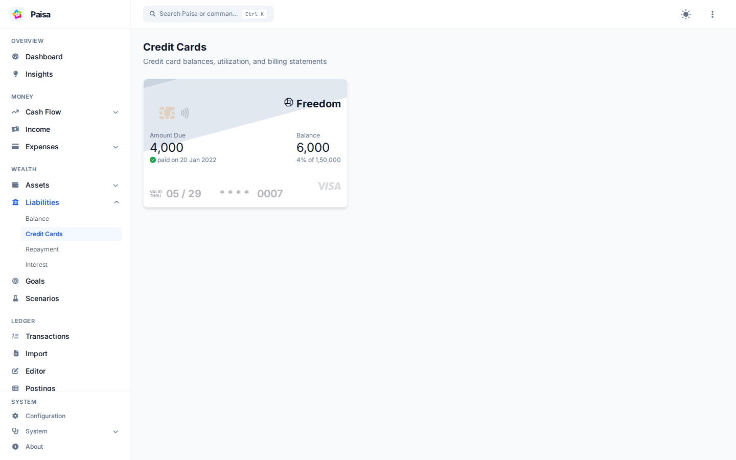 Credit card summary showing the amount due, balance, limit, and payment status