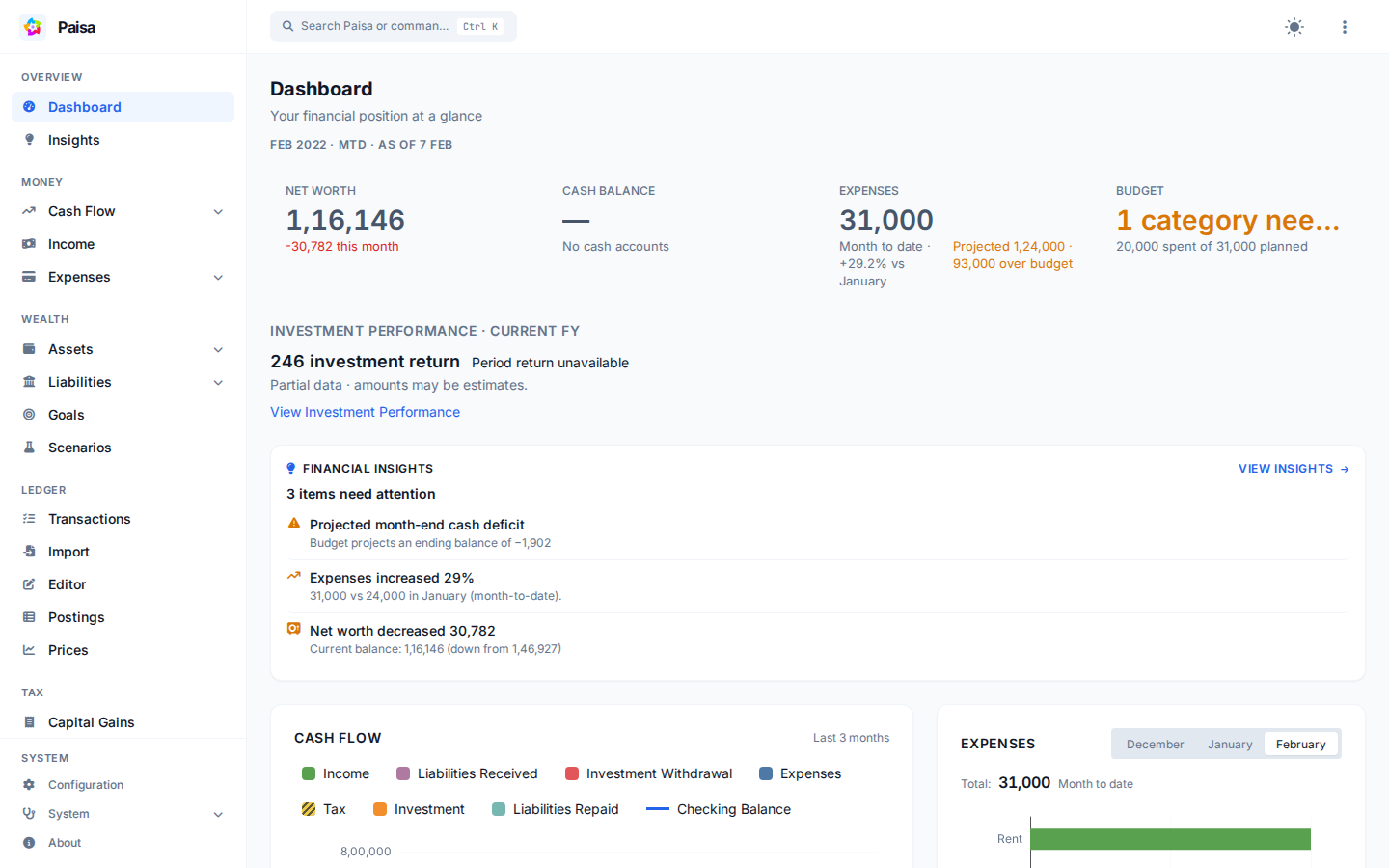 Paisa dashboard showing balances, cash flow, and recent activity