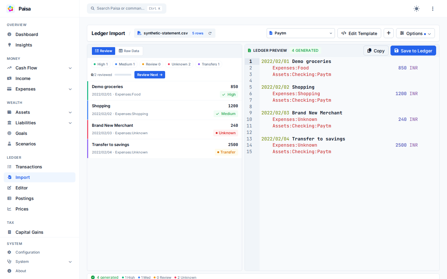 Statement import preview with generated Ledger entries and account suggestions