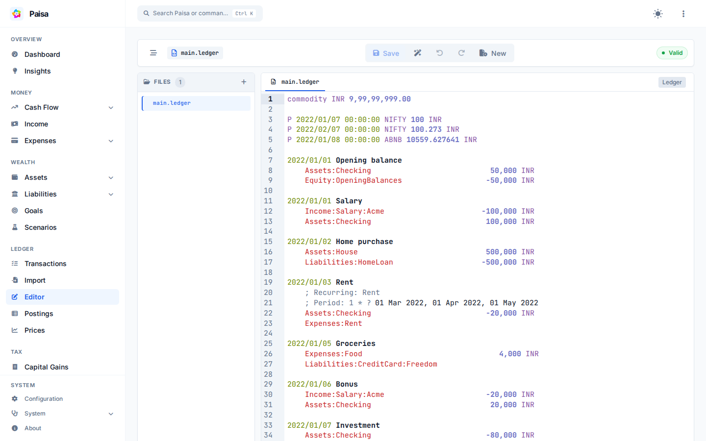 Paisa's journal editor with Ledger syntax highlighting
