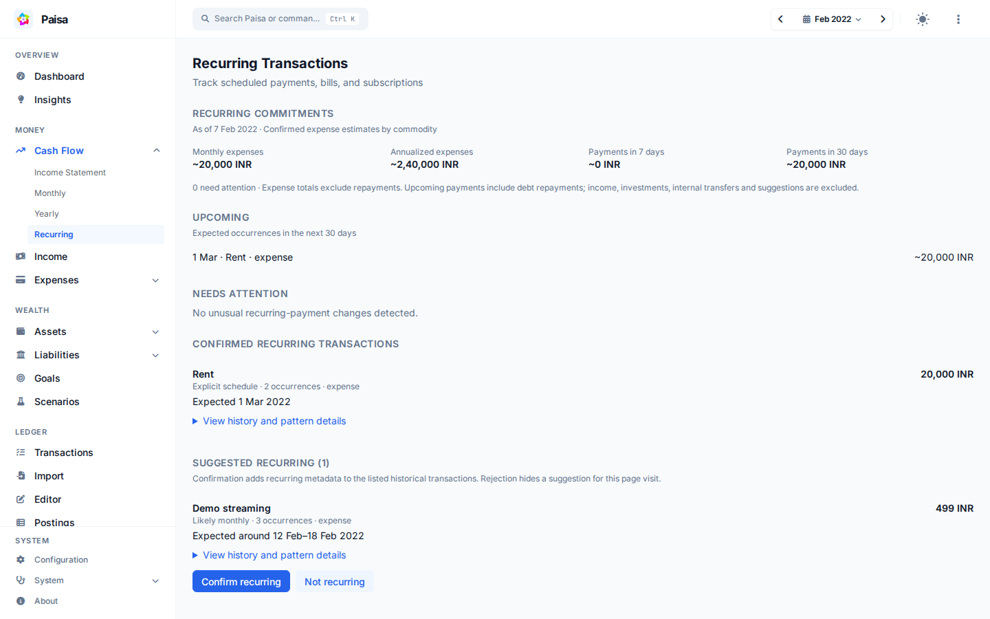 Recurring transactions showing a confirmed payment and a suggested pattern to review